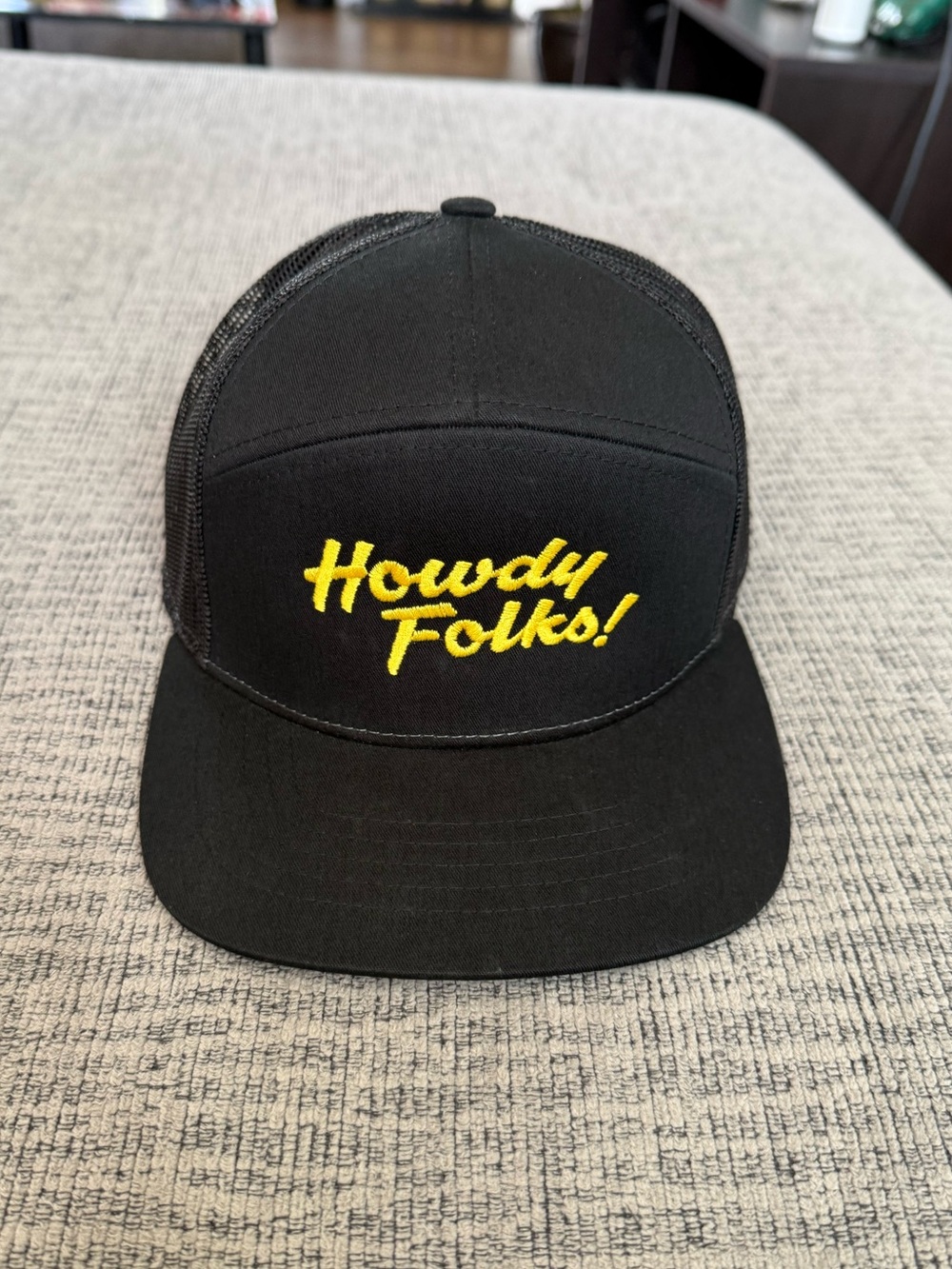 Howdy Folks Black and Yellow Embroidered Trucker Hat
